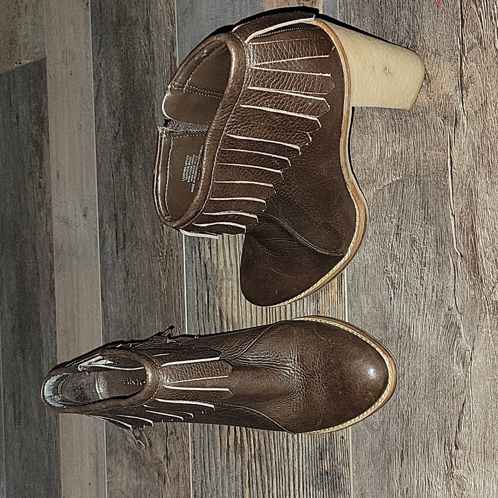 Antonio Melanie Dom Fringe Booties Heel Brown Leather Womens US 8